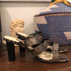 Snakeskin square-toed heeled sandals